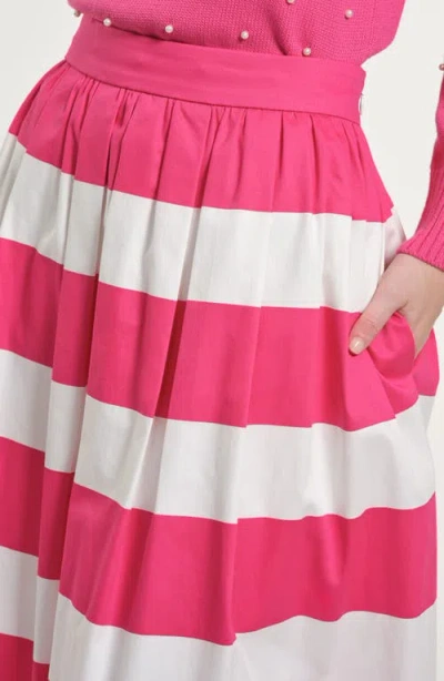 Isaac Mizrahi New York Wide Stripe Stretch Cotton Maxi Skirt In Pink