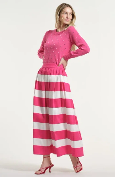 Isaac Mizrahi New York Wide Stripe Stretch Cotton Maxi Skirt In Pink