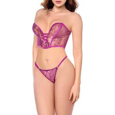 Mapalé Mapale Embroidered Mesh Corset & Thong Set In Pink