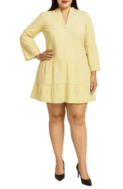 Standards & Practices Bell Sleeve Eyelet Tiered Dress In Yellow