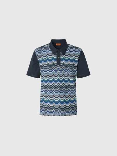 Missoni Short Sleeve Polo With Geometric Zigzag Pattern In Blue