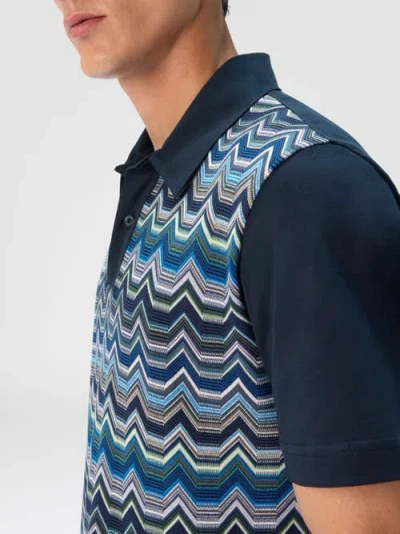 Missoni Short Sleeve Polo With Geometric Zigzag Pattern In Blue