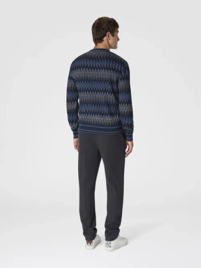 Missoni Crew Neck Sweater With 3d Zigzag Pattern In Blue