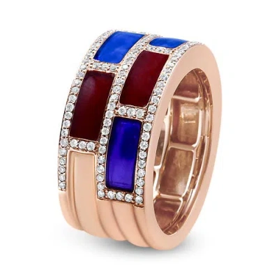 Haus Of Brilliance 18k Rose Gold Alternating Red And Blue Enamel And 1/2 Cttw Diamond Studded Band R In Pink
