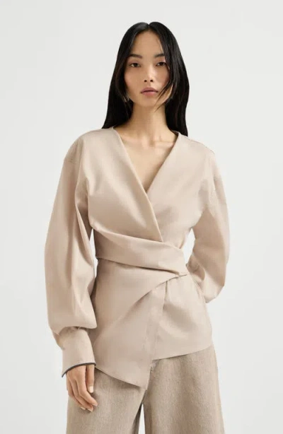 Brunello Cucinelli Stretch Poplin Shirt With Monili In Brown