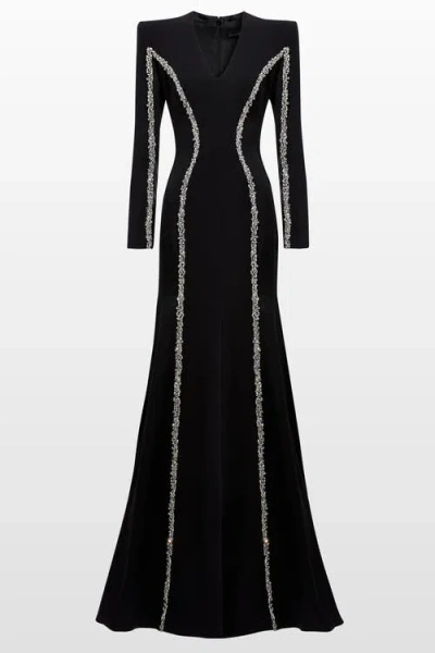 Jenny Packham Ghost Orchid Embellished Long-sleeve Maxi Dress In Black