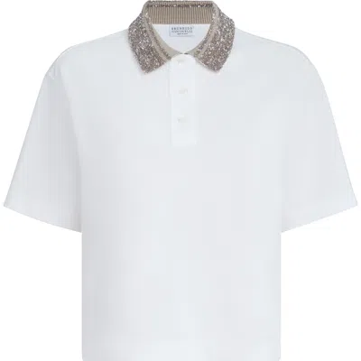 Brunello Cucinelli Polo With Dazzling Knit Collar In White