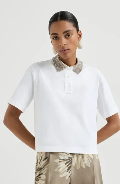 Brunello Cucinelli Polo With Dazzling Knit Collar In White