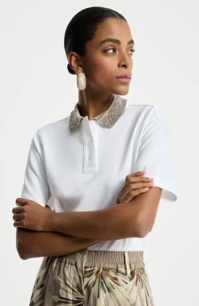 Brunello Cucinelli Polo With Dazzling Knit Collar In White