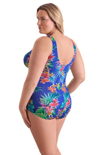 Shapesolver Shirred Front Princess Seam Girl Leg Plus Size One-piece Swimsuit In Blue