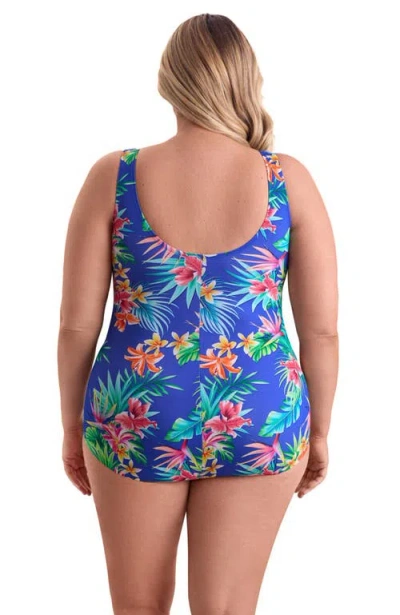 Shapesolver Shirred Front Princess Seam Girl Leg Plus Size One-piece Swimsuit In Blue