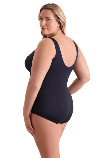 Shapesolver Shirred Front Princess Seam Girl Leg Plus Size One-piece Swimsuit In Multi