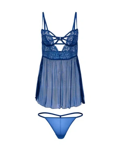 Adore Me Rae Unlined Babydoll & G-string Set Lingerie In Blue