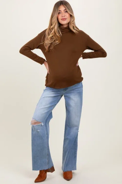 Pinkblush Distressed Open Knee Wide Leg Maternity Jeans In Brown