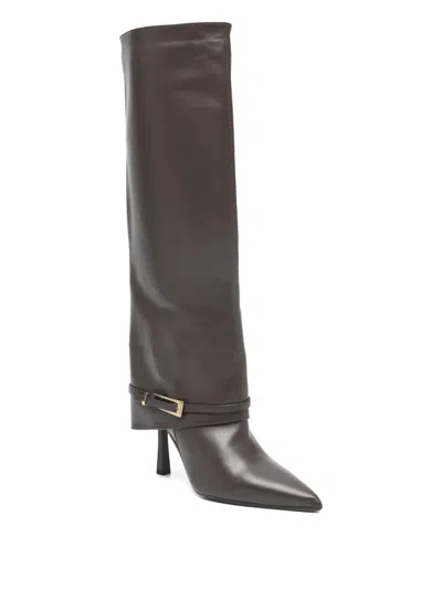 Gisel Moire Samantha Pointed Buckle Boots In Brown