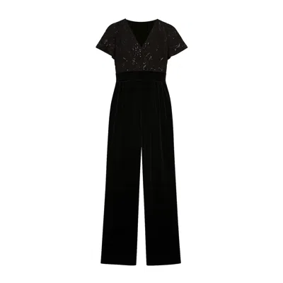 Yumi Women's  Black Sequin Embellished Velvet Jumpsuit With Angel Sleeves In Black