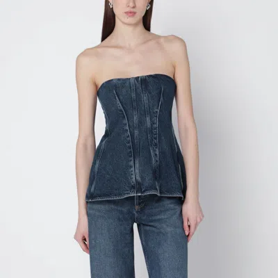 Agolde Lara Strapless Corset Peplum Denim Top In Blue