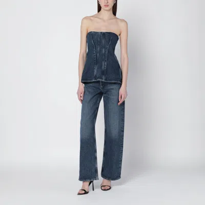 Agolde Lara Strapless Corset Peplum Denim Top In Blue