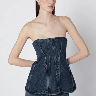 Agolde Lara Strapless Corset Peplum Denim Top In Blue