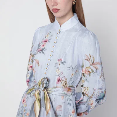 Zimmermann Rebellion Multicolor Midi Dress With Bow Detail On The Front And All-over Floral Print In Linen Woma In Blue