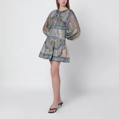 Zimmermann Wanderlust Multicolor Crewneck Mini Dress With Puffed Long Sleeves And All-over Print In Cotton And  In Blue