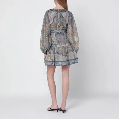 Zimmermann Wanderlust Multicolor Crewneck Mini Dress With Puffed Long Sleeves And All-over Print In Cotton And  In Blue