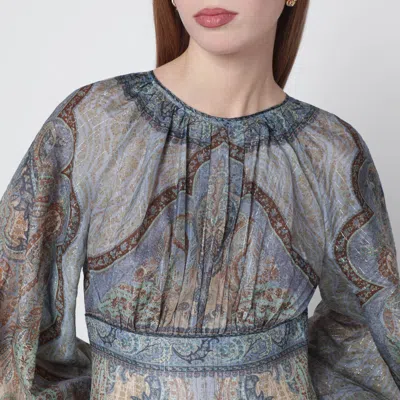 Zimmermann Wanderlust Multicolor Crewneck Mini Dress With Puffed Long Sleeves And All-over Print In Cotton And  In Blue