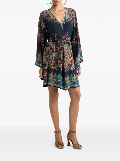 Etro Paisley Silk Belted Bell-sleeve Mini Dress In Blue