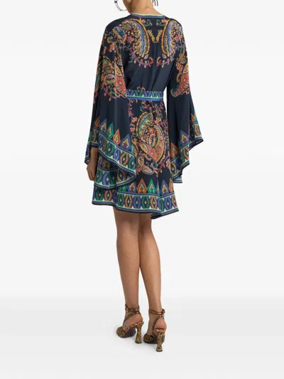 Etro Paisley Silk Belted Bell-sleeve Mini Dress In Blue