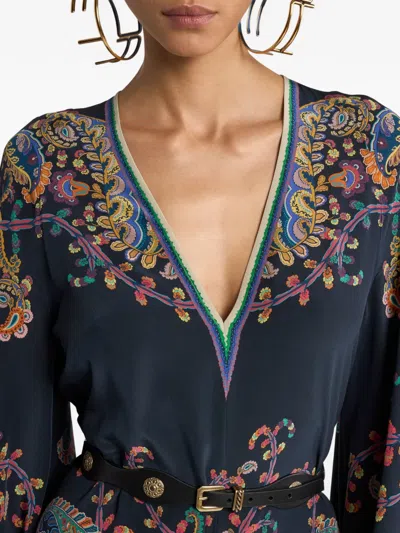 Etro Paisley Silk Belted Bell-sleeve Mini Dress In Blue
