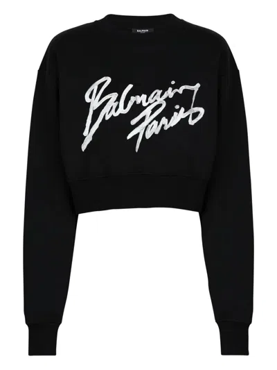 Balmain Logo-print Cotton Cropped Sweatshirt In Black