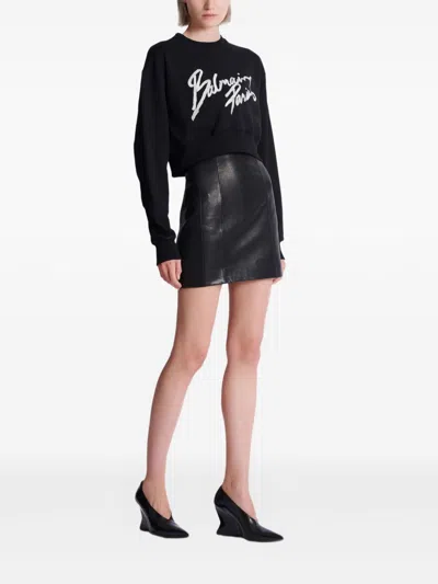 Balmain Logo-print Cotton Cropped Sweatshirt In Black