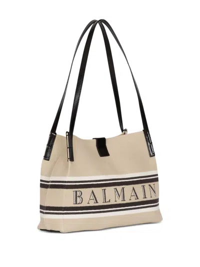 Balmain Release Small Canvas And Leather Tote In Sand