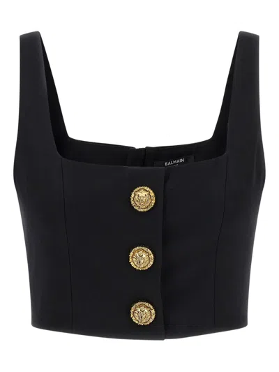 Balmain Cropped Sleeveless Top Gold Button Detail In Black