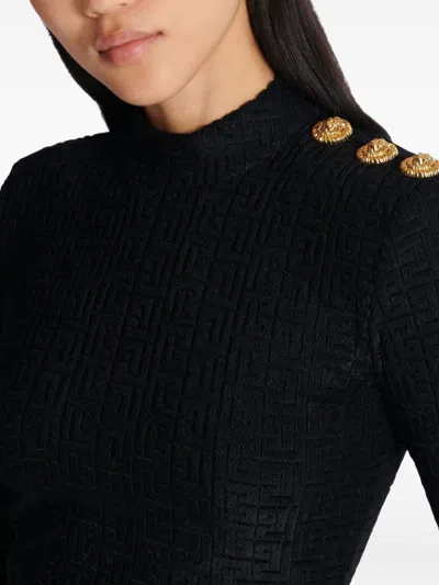 Balmain Ls Bouclette Monogram-pattern Button Top In Black