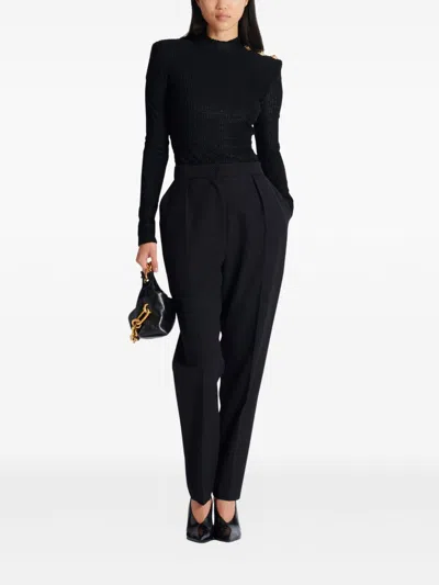 Balmain Ls Bouclette Monogram-pattern Button Top In Black