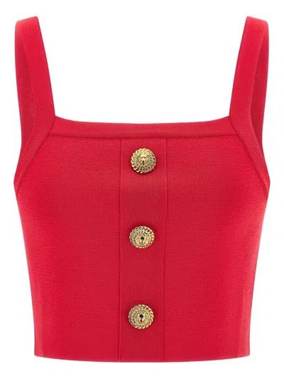 Balmain Ribbed Crop Top Gold Button Square Neckline In Red