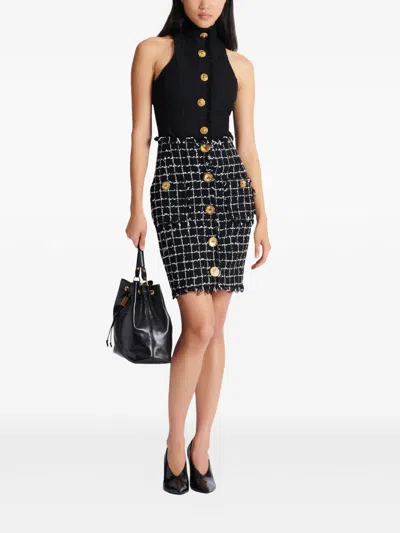 Balmain Tweed Midi Skirt High Waist Buttons In Black