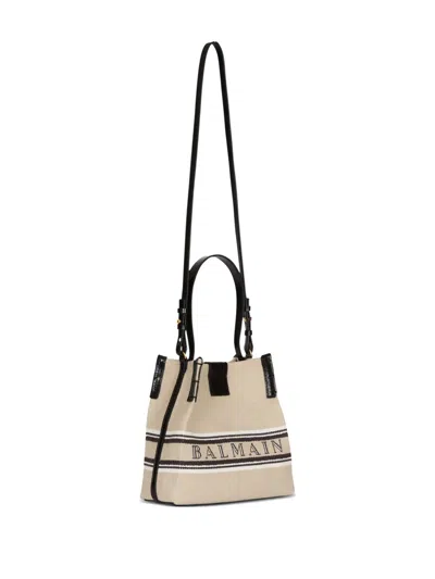 Balmain Release Bucket Bag In Canvas And Calfskin In Sand