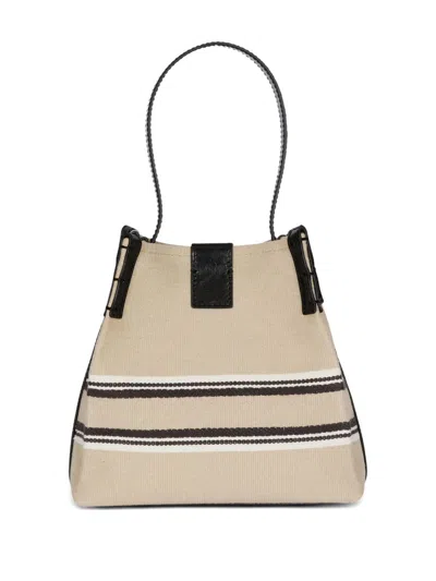 Balmain Release Bucket Bag In Canvas And Calfskin In Sand