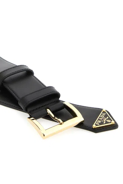 Prada Black Leather Belt With Triangle Logo In Black