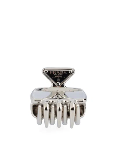 Prada Logo Detailed Claw Hair Clip In Silver