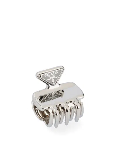 Prada Logo Detailed Claw Hair Clip In Silver