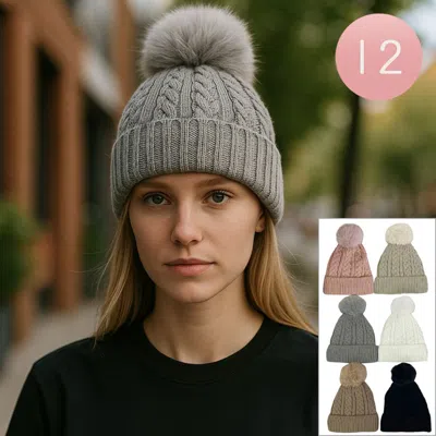 Fashnzfab 12pcs - Pom Pom Chunky Cable Knit Winter Beanie Hats In Multi