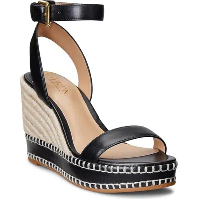 Ralph Lauren Hilarie Sandal Women Black Wedge Heel Espadrille Lion669 In Multi