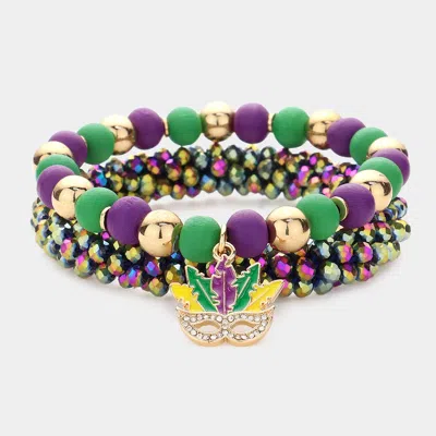 Fashnzfab 2pcs - Mardi Gras Mask Charm Wood Ball Faceted Beaded Stretch Bracelets - Multi In Multi