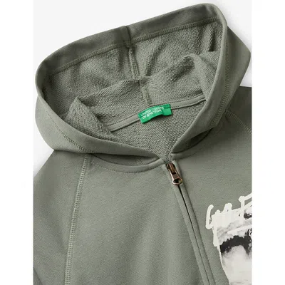 Benetton Khaki Zipped Graphic-print Cotton Hoody 6 In Brown