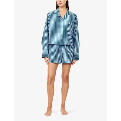 Polo Ralph Lauren Womens Chambray Blue Stripe Crop Boxer Short Cotton Pyjama Set In Blue