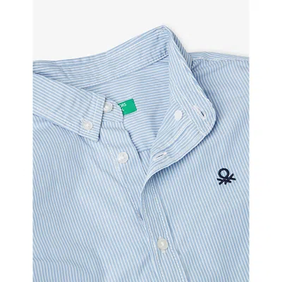 Benetton Pale Blue Logo-embroidered Long-sleeve Cotton Shirt 6-14 In Blue
