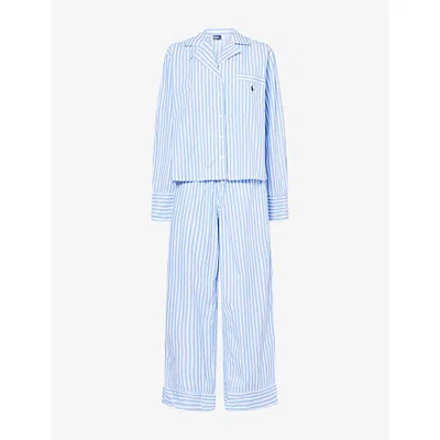 Polo Ralph Lauren Womens White Cloud X Hydrangea Stripe Long-sleeve Cotton Pyjama Set Xl